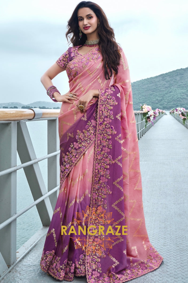 Rosy Amethyst Hand-Embroidered Banarasi Silk Saree