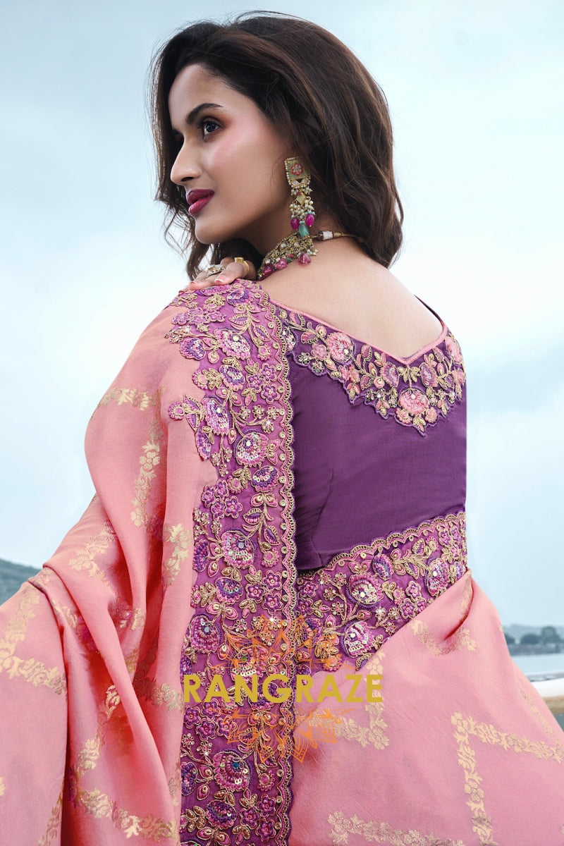 Rosy Amethyst Hand-Embroidered Banarasi Silk Saree