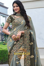 Emerald Lustre Hand-Embroidered Banarasi Silk Saree