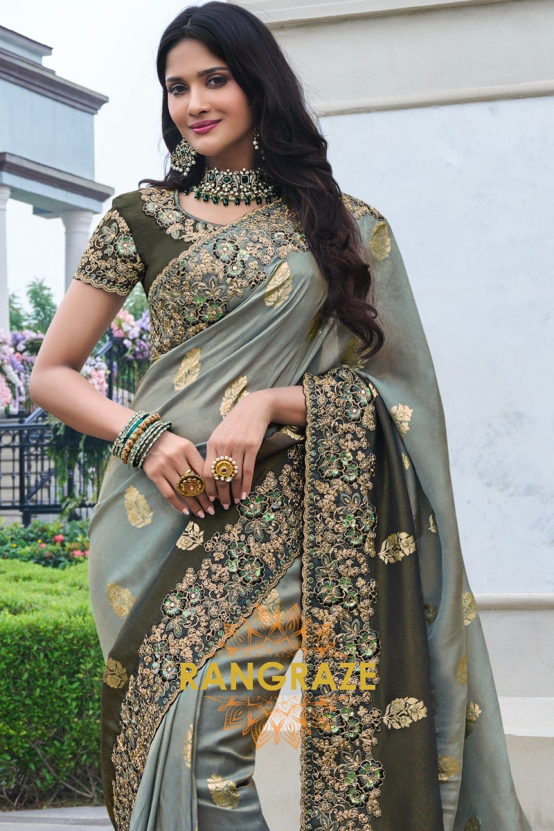 Emerald Lustre Hand-Embroidered Banarasi Silk Saree