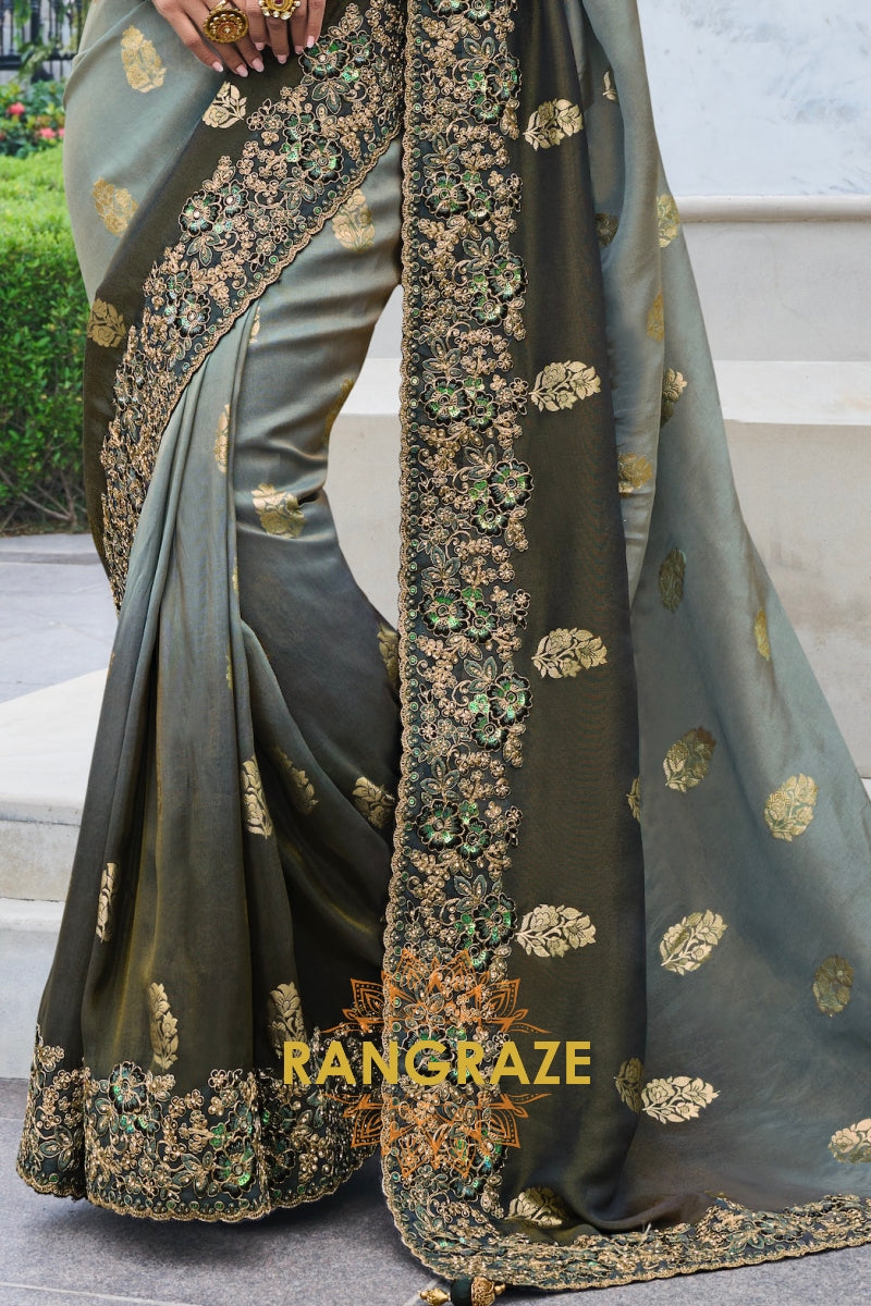 Emerald Lustre Hand-Embroidered Banarasi Silk Saree