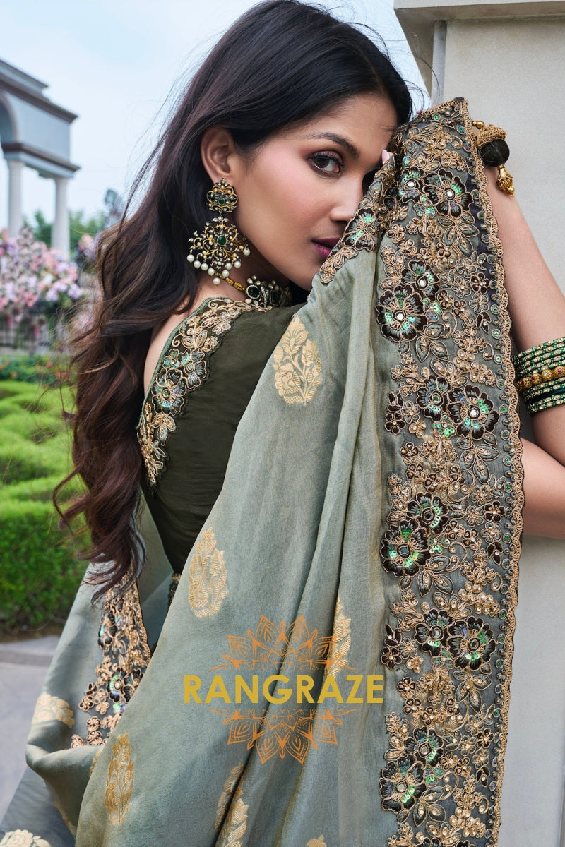 Emerald Lustre Hand-Embroidered Banarasi Silk Saree