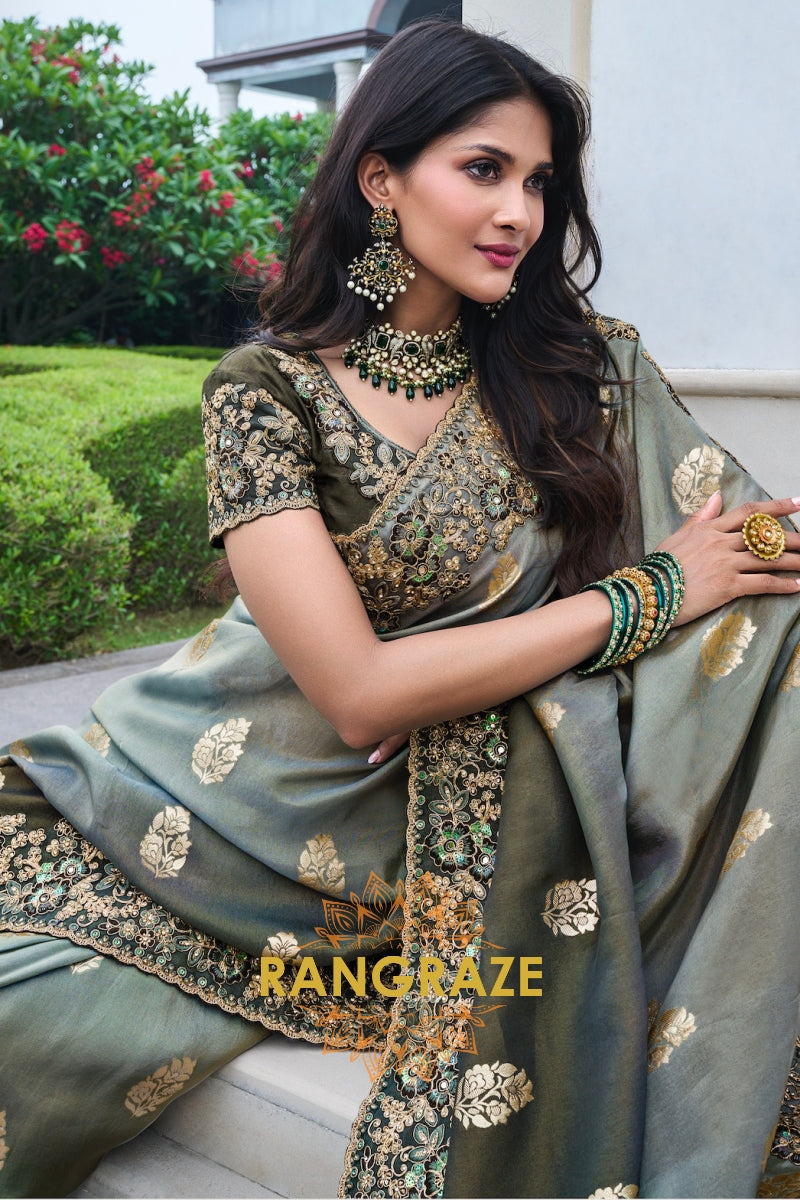 Emerald Lustre Hand-Embroidered Banarasi Silk Saree