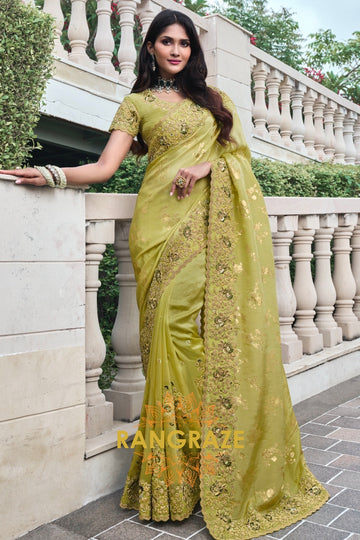 Golden Olive Hand-Embroidered Banarasi Silk Saree