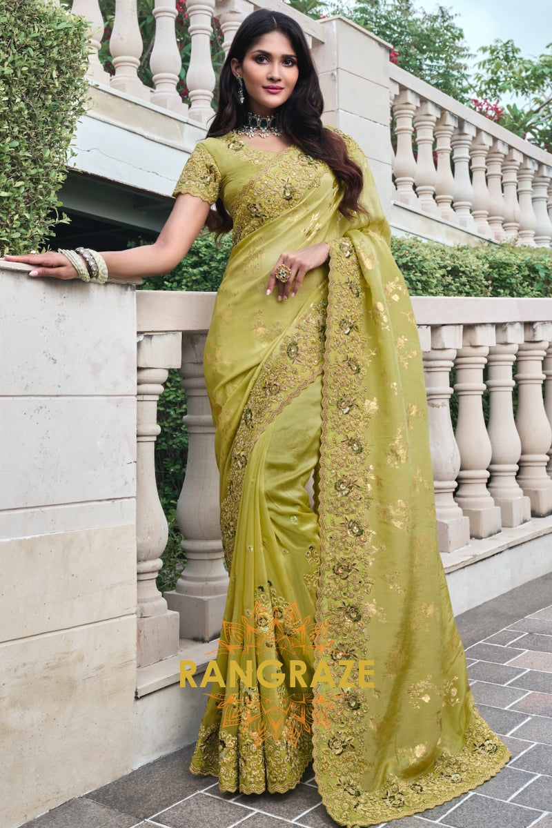 Golden Olive Hand-Embroidered Banarasi Silk Saree