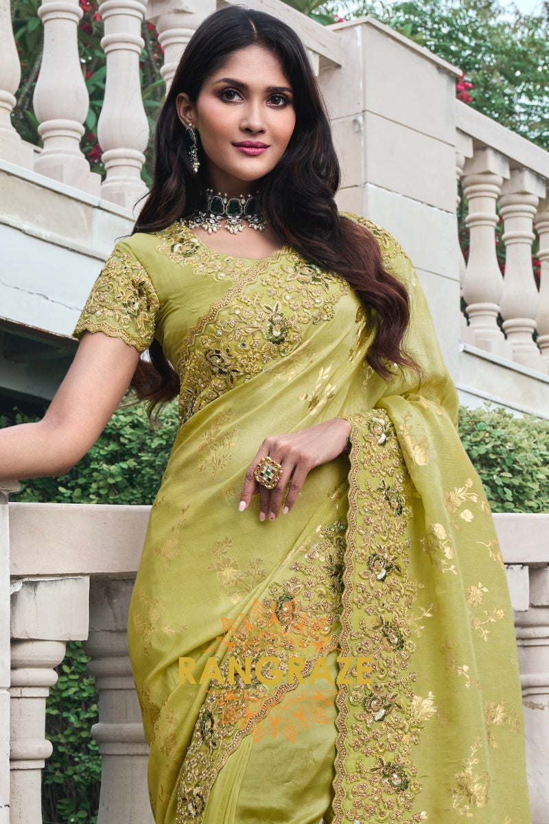 Golden Olive Hand-Embroidered Banarasi Silk Saree