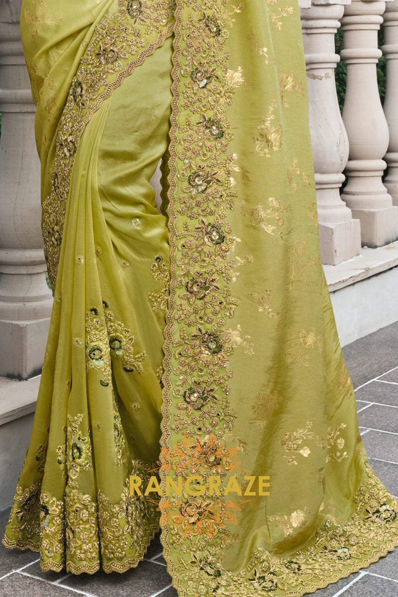 Golden Olive Hand-Embroidered Banarasi Silk Saree