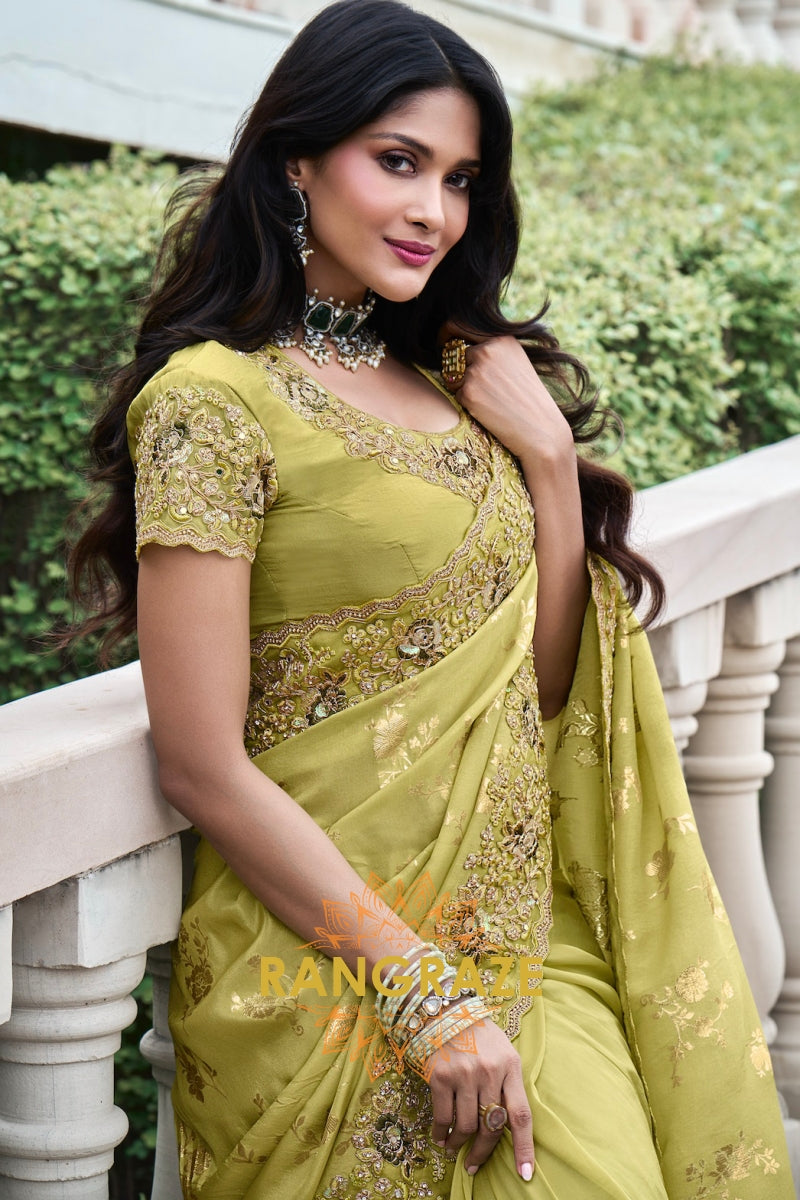 Golden Olive Hand-Embroidered Banarasi Silk Saree