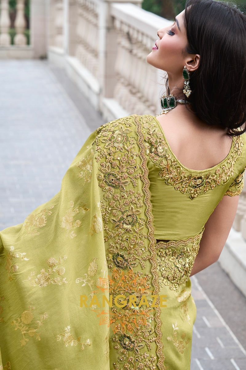 Golden Olive Hand-Embroidered Banarasi Silk Saree