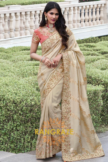 Champagne Glow Hand-Embroidered Banarasi Silk Saree