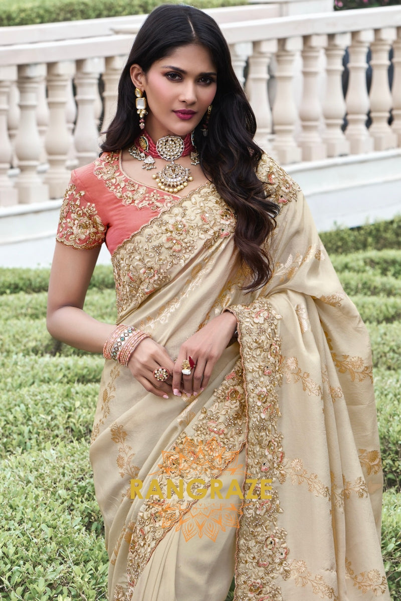 Champagne Glow Hand-Embroidered Banarasi Silk Saree