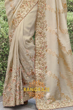 Champagne Glow Hand-Embroidered Banarasi Silk Saree