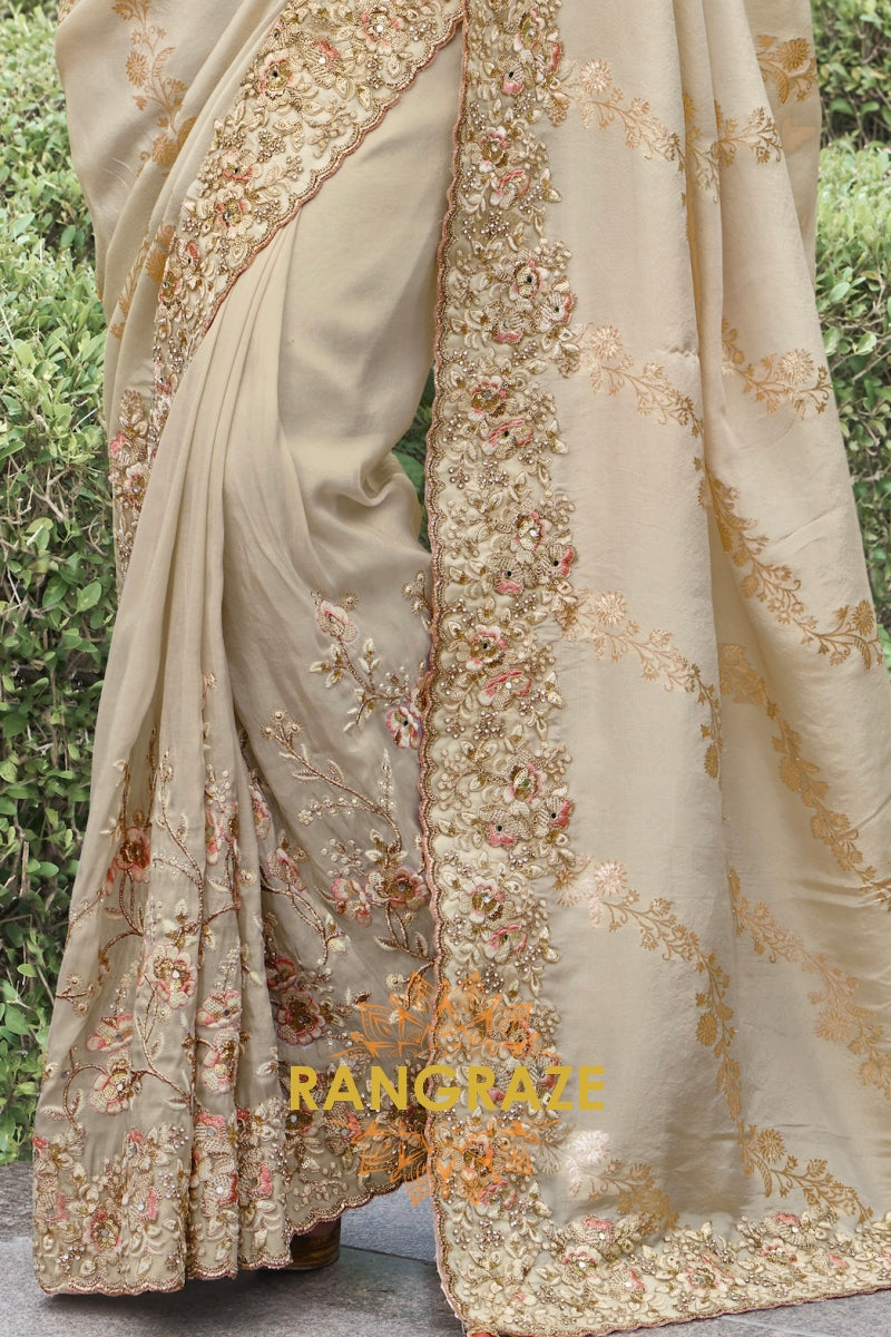 Champagne Glow Hand-Embroidered Banarasi Silk Saree