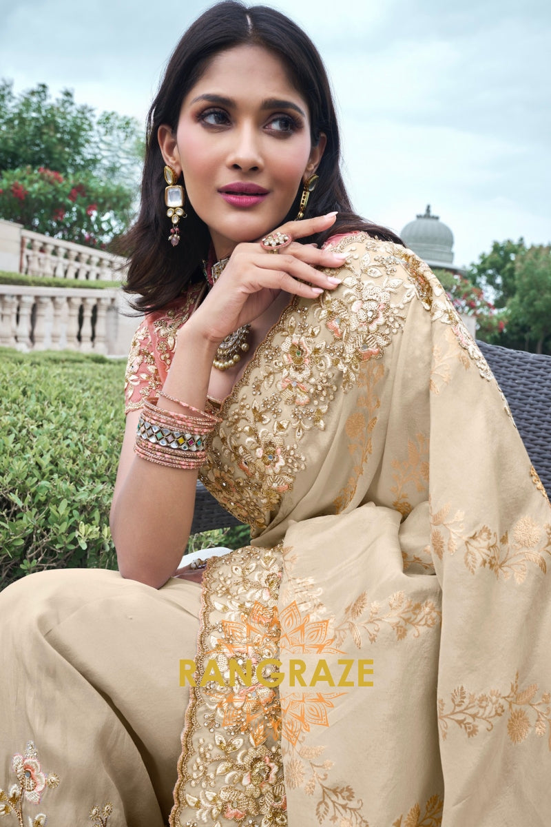 Champagne Glow Hand-Embroidered Banarasi Silk Saree