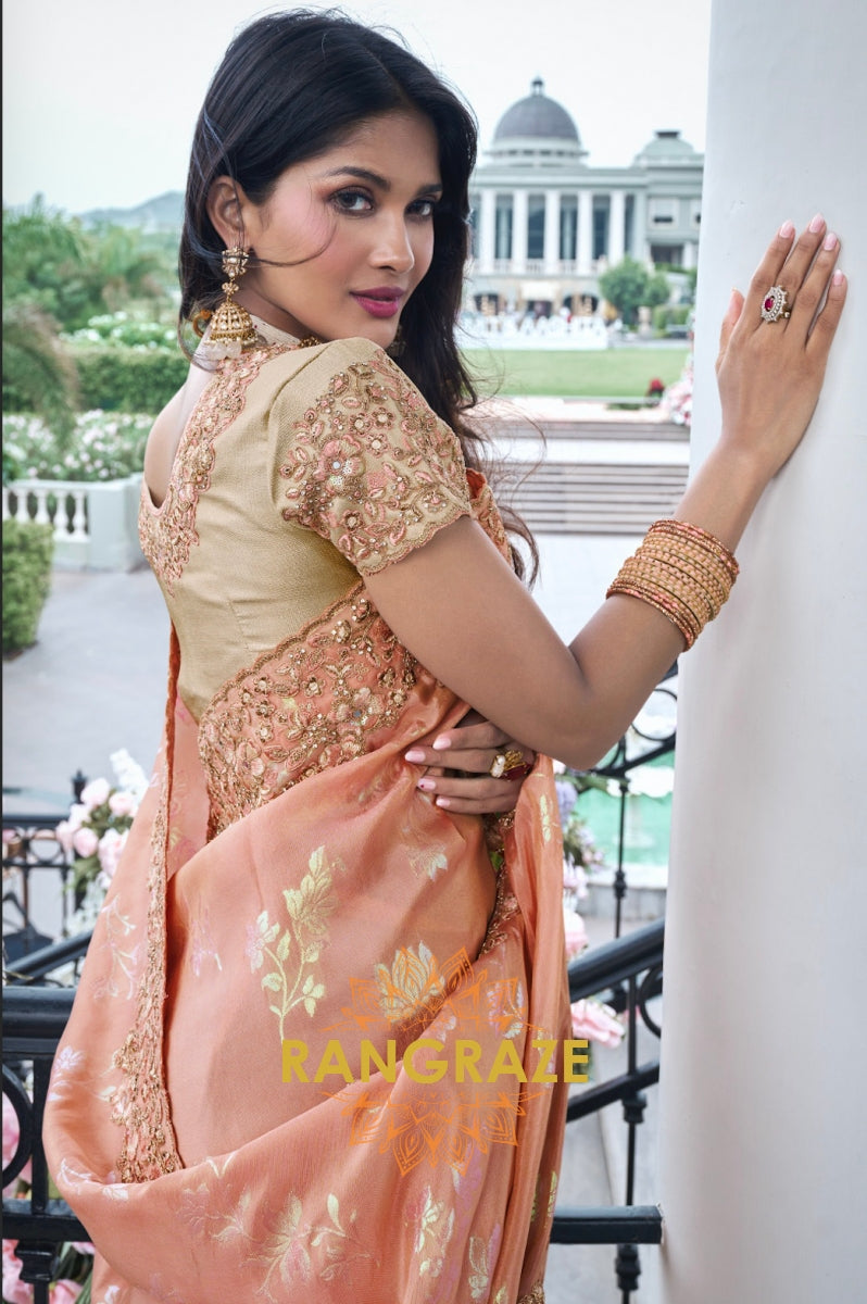Majestic Peach Hand-Embroidered Banarasi Silk Saree