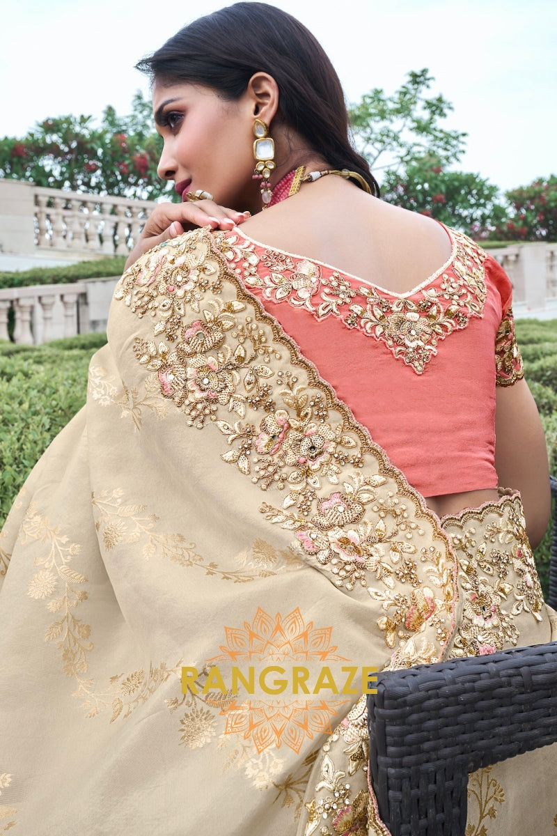 Champagne Glow Hand-Embroidered Banarasi Silk Saree