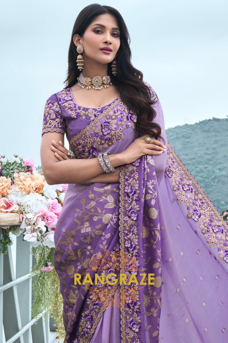 Lilac Bloom Hand-Embroidered Wedding Saree