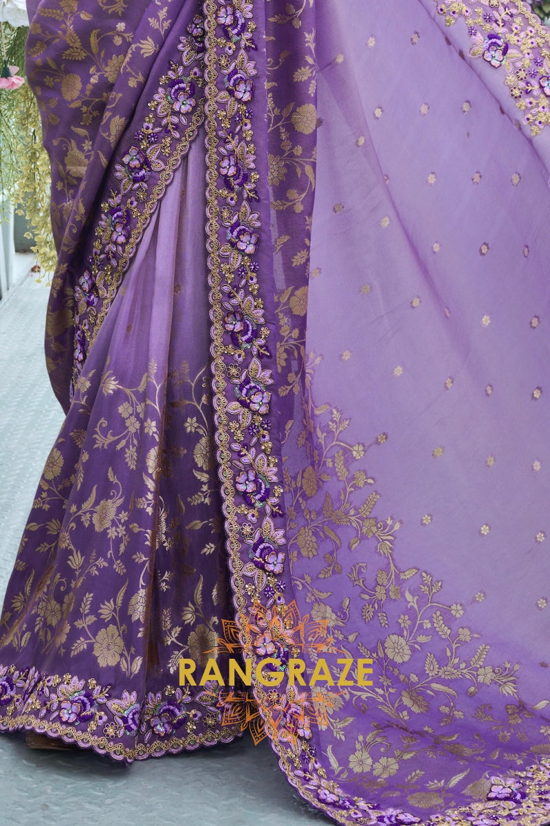 Lilac Bloom Hand-Embroidered Wedding Saree