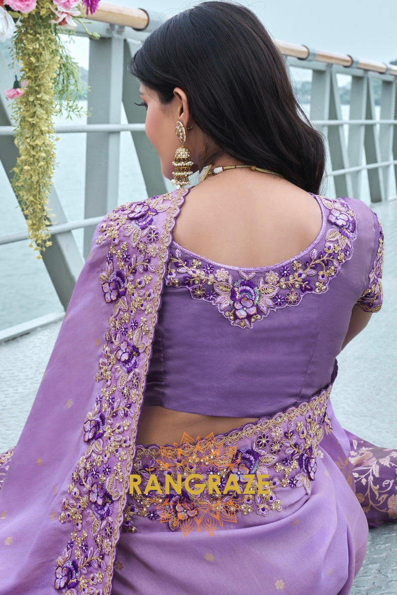 Lilac Bloom Hand-Embroidered Wedding Saree