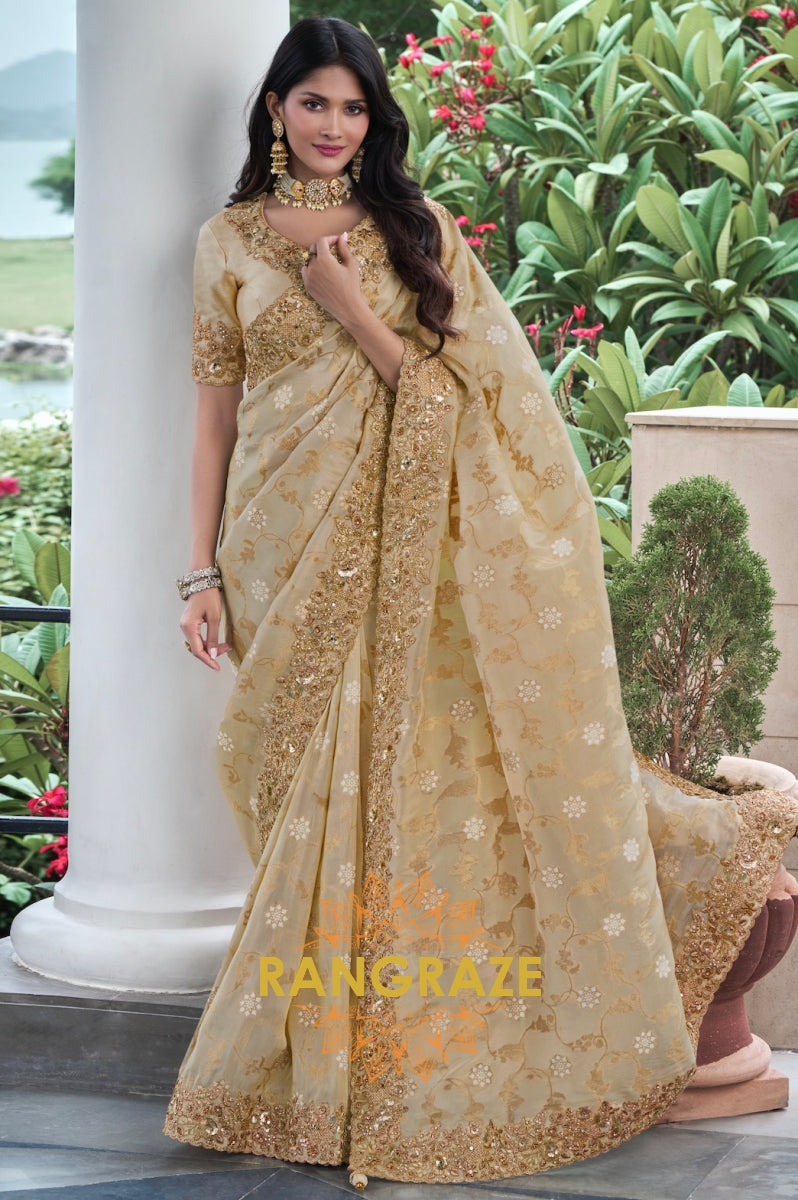 Golden Radiance Hand-Embroidered Banarasi Silk Saree