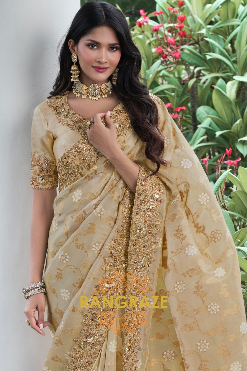 Golden Radiance Hand-Embroidered Banarasi Silk Saree