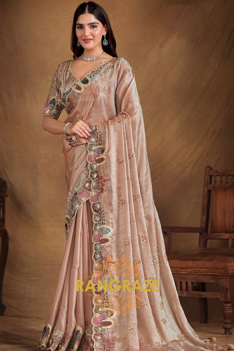 Blush Bloom Designer Hand Embroidered Satin Silk Saree