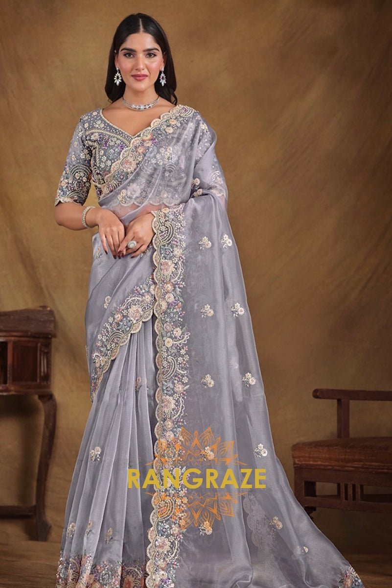 Moonlit Mist Designer Hand Embroidered Organza Saree