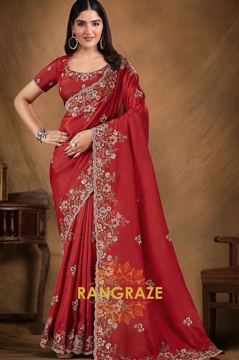 Scarlet Splendor Designer Two Tone Satin Silk Saree