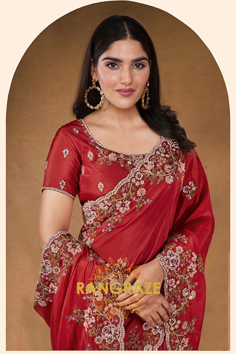 Scarlet Splendor Designer Two Tone Satin Silk Saree