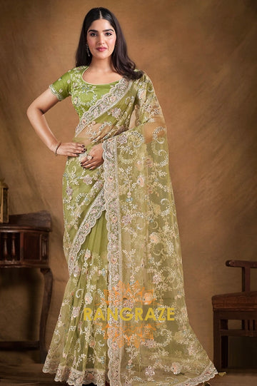 Enchanted Meadow Designer Hand Embroidered Net Saree