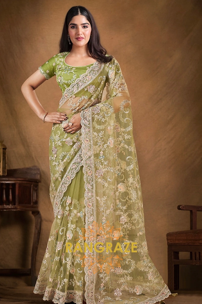Enchanted Meadow Designer Hand Embroidered Net Saree