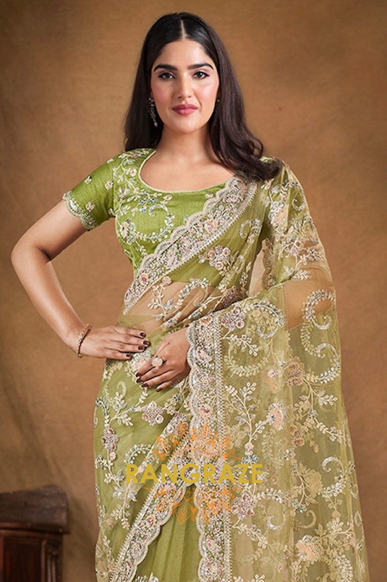 Enchanted Meadow Designer Hand Embroidered Net Saree