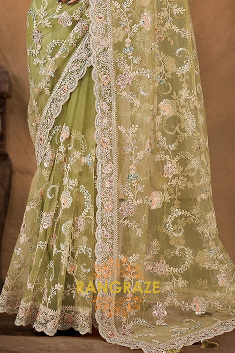Enchanted Meadow Designer Hand Embroidered Net Saree