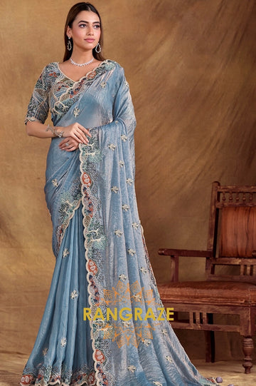 Misty Blue Designer Hand Embroidered Satin Silk Saree