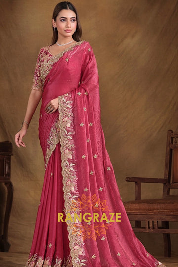 Regal Rose Designer Hand Embroidered Satin Silk Saree