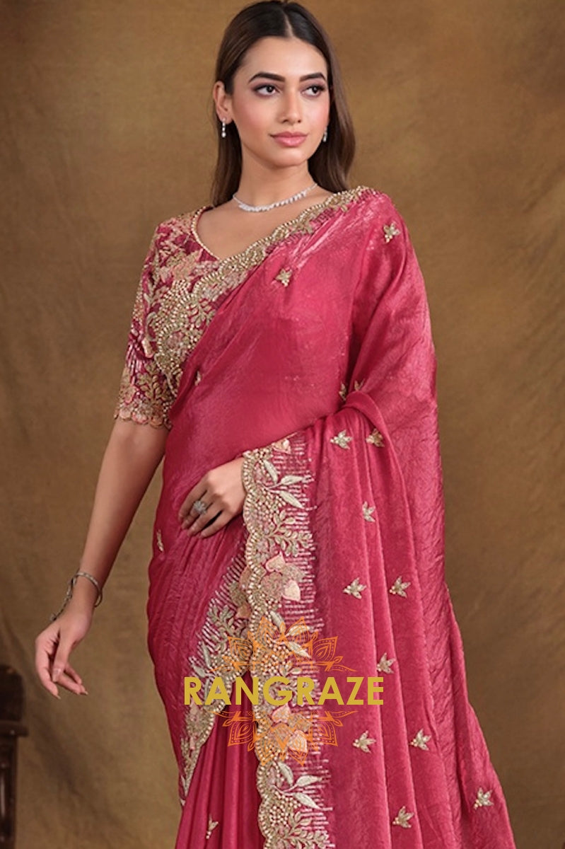 Regal Rose Designer Hand Embroidered Satin Silk Saree