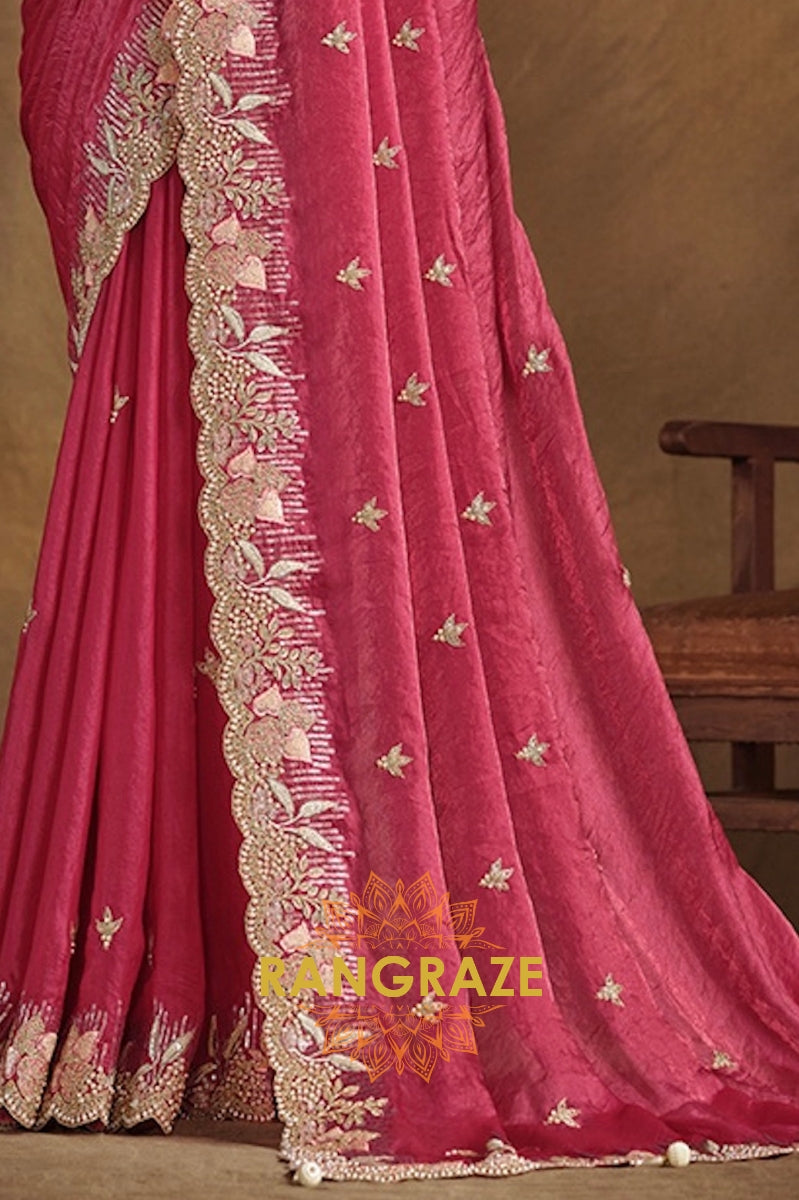 Regal Rose Designer Hand Embroidered Satin Silk Saree
