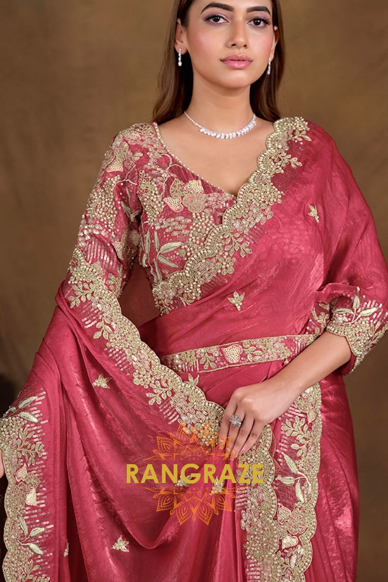 Regal Rose Designer Hand Embroidered Satin Silk Saree