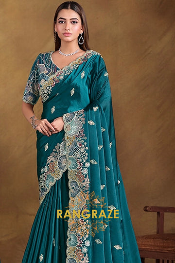 Ocean Bloom Designer Hand Embroidered Satin Silk Saree