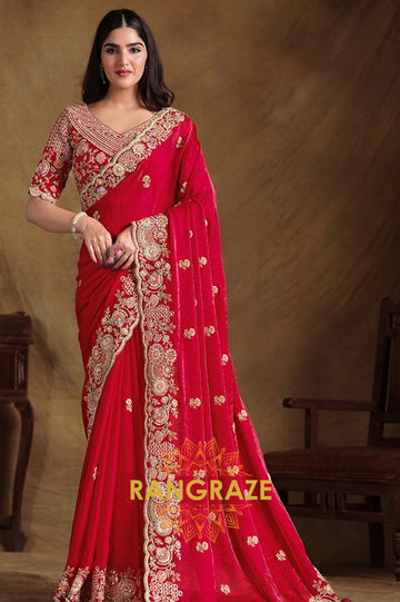 Ruby Bloom Designer Hand-Embroidered Upada Silk Saree