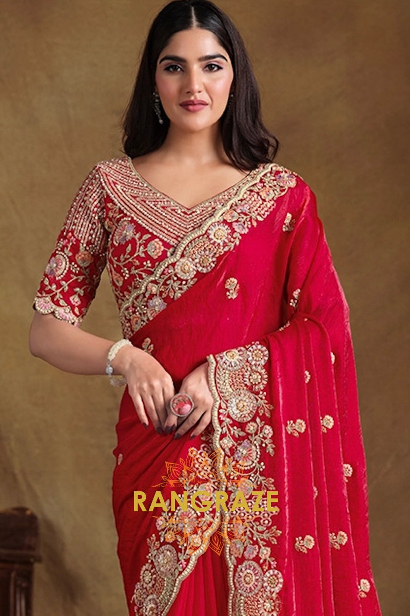Ruby Bloom Designer Hand-Embroidered Upada Silk Saree