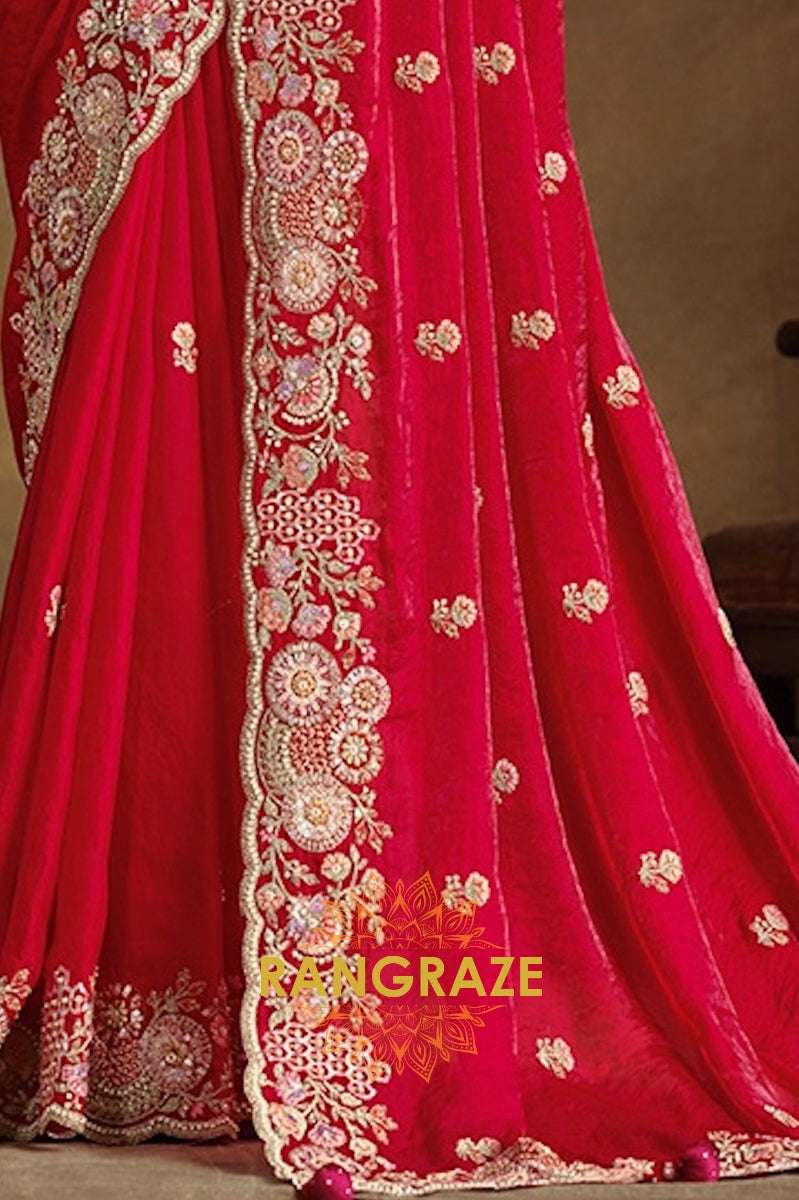 Ruby Bloom Designer Hand-Embroidered Upada Silk Saree