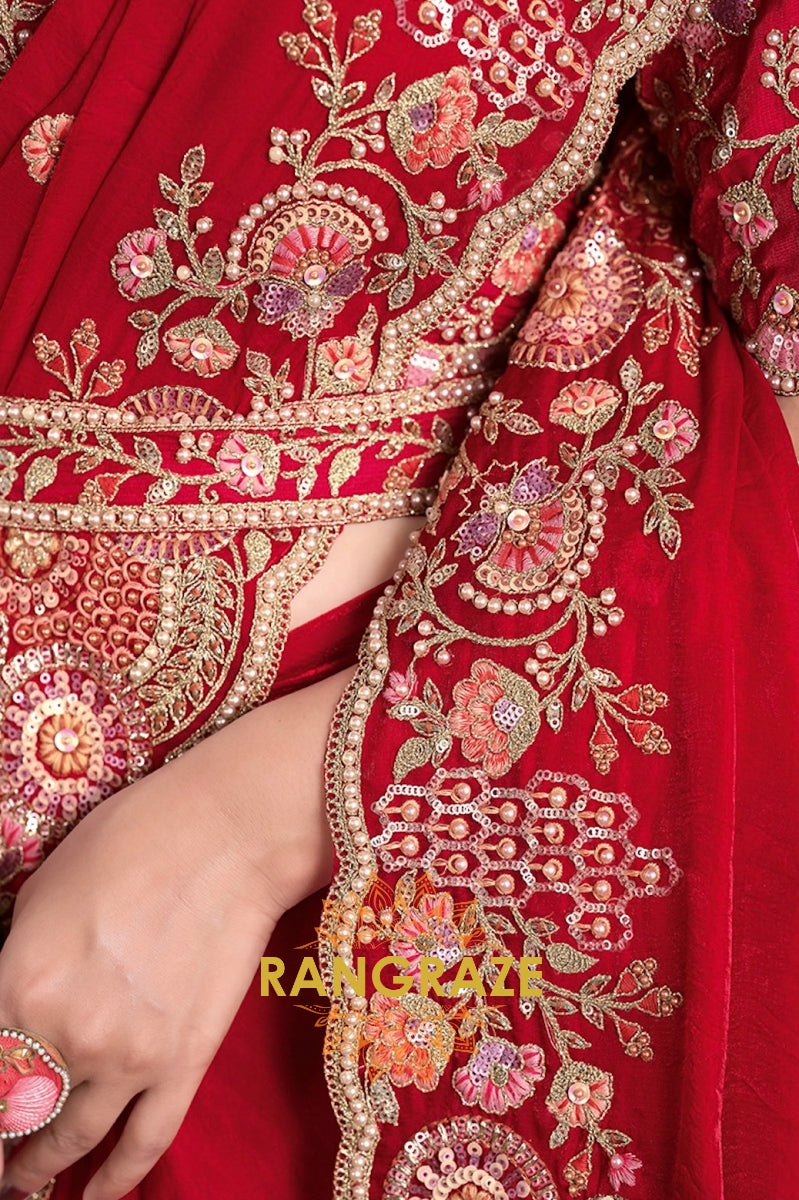 Ruby Bloom Designer Hand-Embroidered Upada Silk Saree