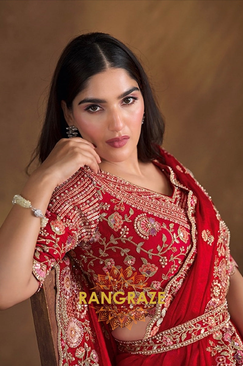 Ruby Bloom Designer Hand-Embroidered Upada Silk Saree