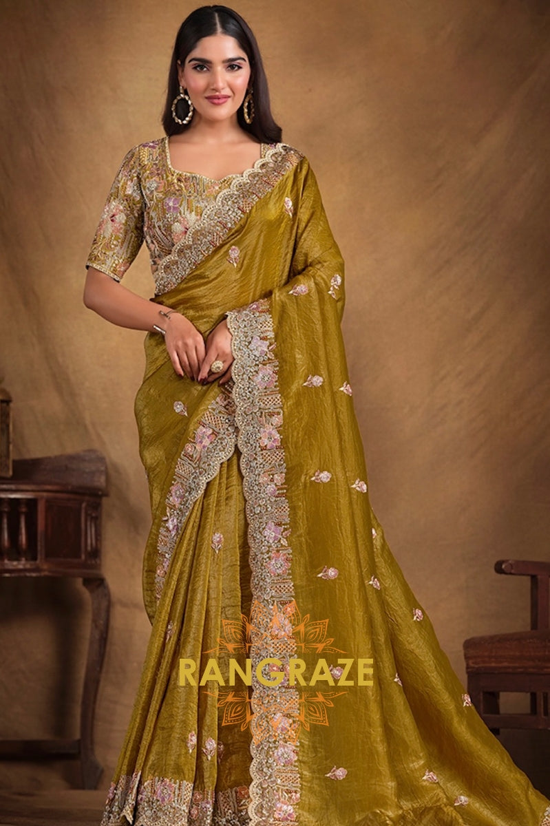 Mustard Radiance Designer Hand Embroidered Paper Silk Saree