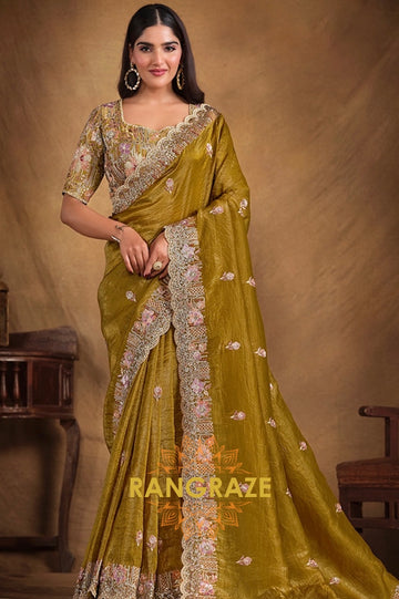 Mustard Radiance Designer Hand Embroidered Paper Silk Saree