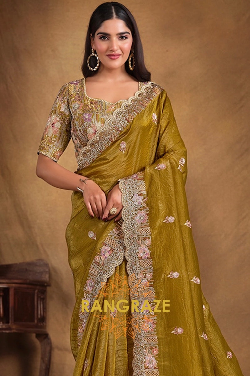 Mustard Radiance Designer Hand Embroidered Paper Silk Saree
