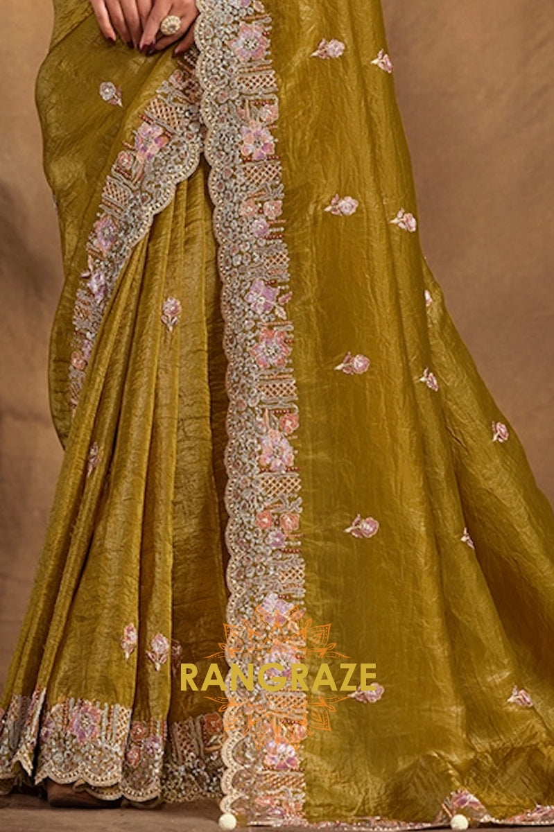 Mustard Radiance Designer Hand Embroidered Paper Silk Saree