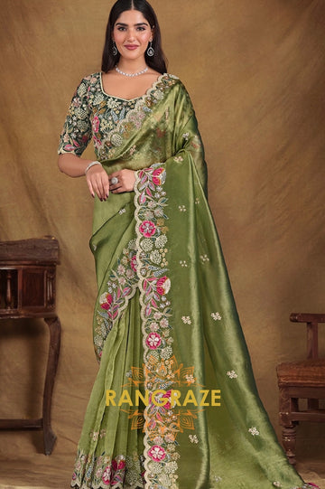 Olive Meadow Designer Hand Embroidered Saree