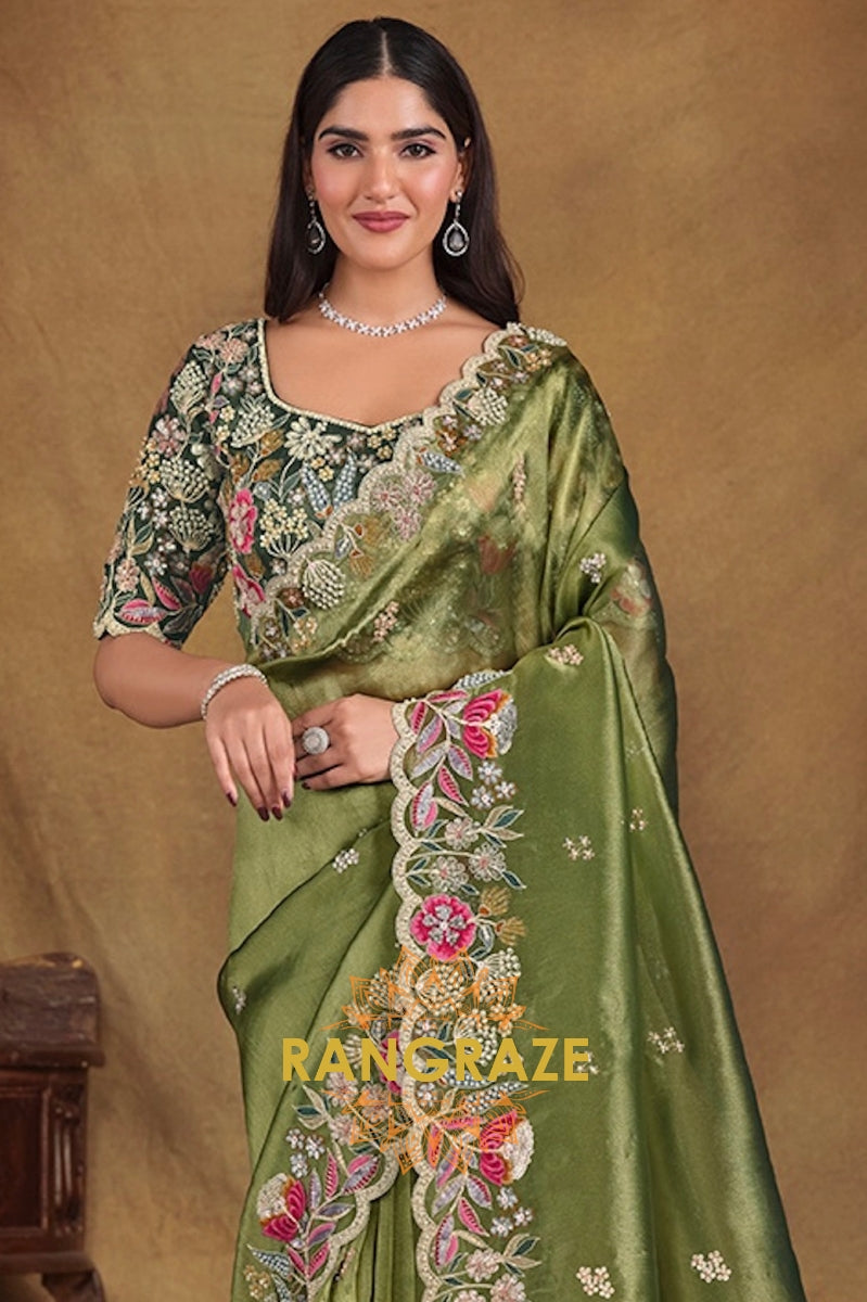 Olive Meadow Designer Hand Embroidered Saree